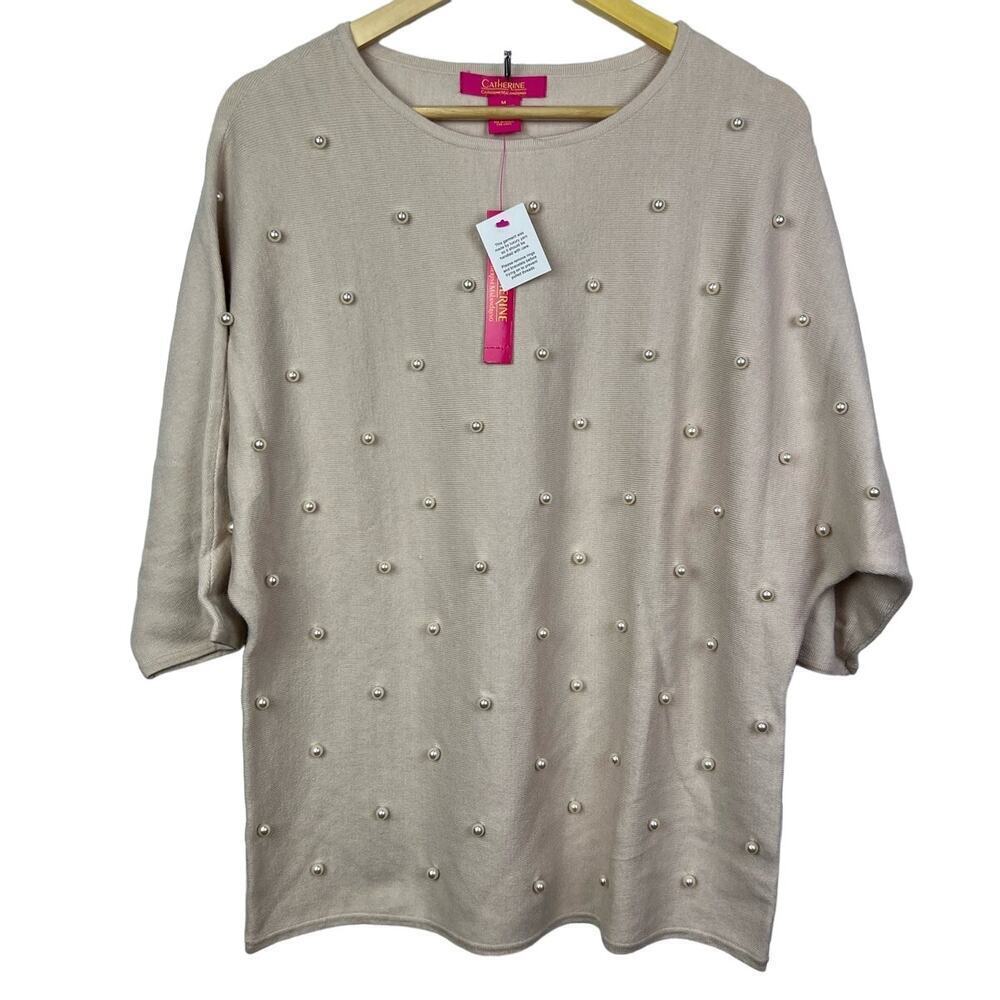 NEW Catherine Malandrino Pearl Embellished Natural/Light Pink‎ Knit Sweater M